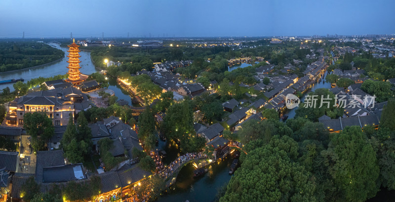 浙江嘉兴桐乡乌镇西栅景区江南水乡航拍夜景