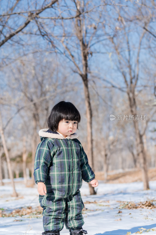 中国北京在公园雪地里玩耍的女童