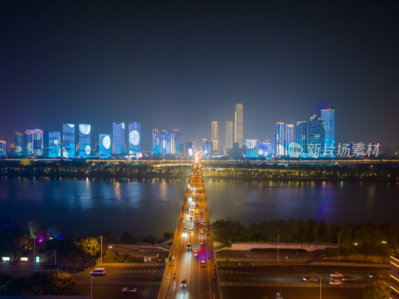 湖南长沙夜景长沙橘子洲大桥夜景航拍