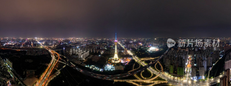 河南郑州城市夜景全景图航拍