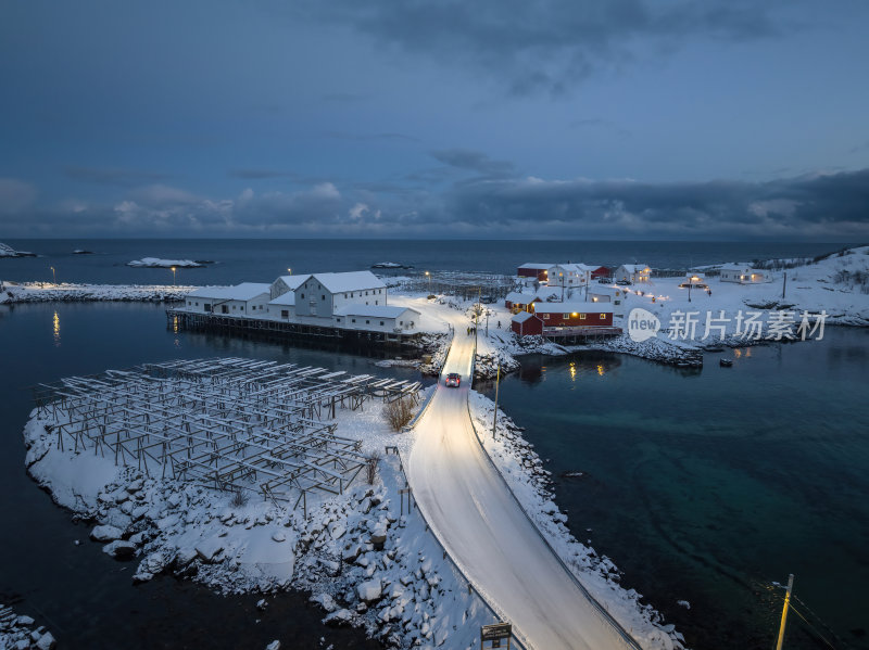 挪威罗弗敦群岛北极圈雷纳冬季雪景高空航拍