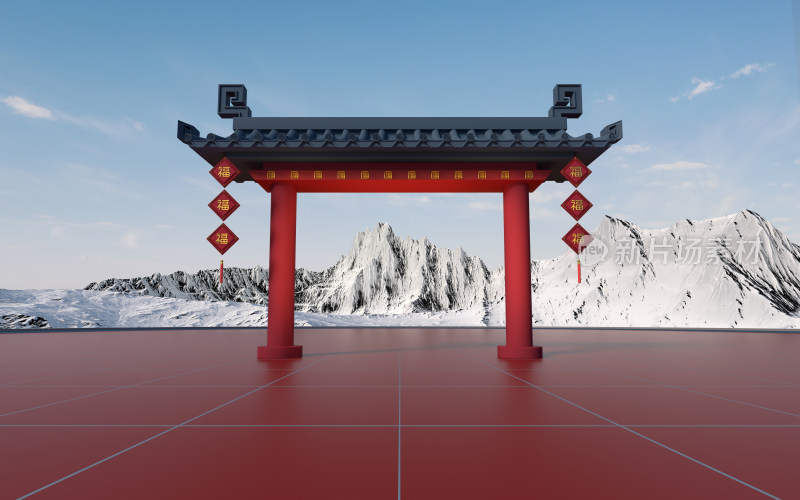 中国风的门与雪山背景 3D渲染