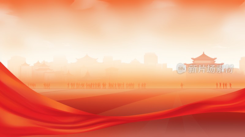 红色飘带和城市剪影背景