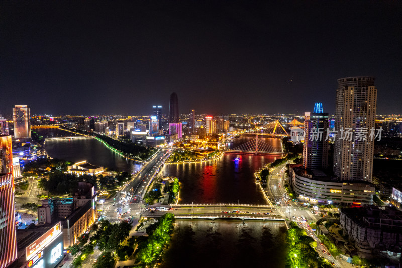 浙江宁波城市夜景灯光航拍图