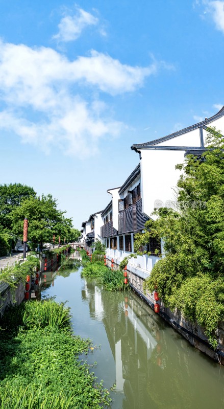 江南水乡白墙黑瓦河道风景