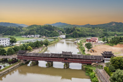 福建连城永隆廊桥景区晨曦航拍