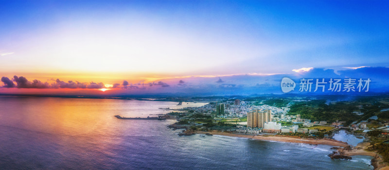 揭阳惠来靖海神泉港 海滨城市日落全景