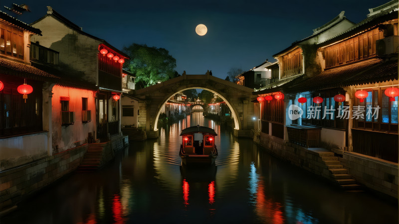 中秋国庆节旅游古镇夜景江南水乡背景