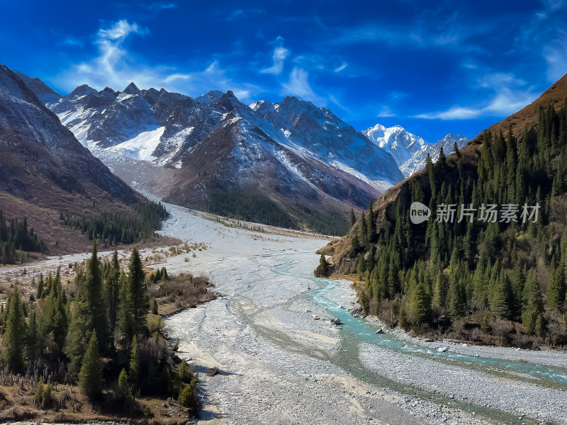 雪山下的河谷森林风景