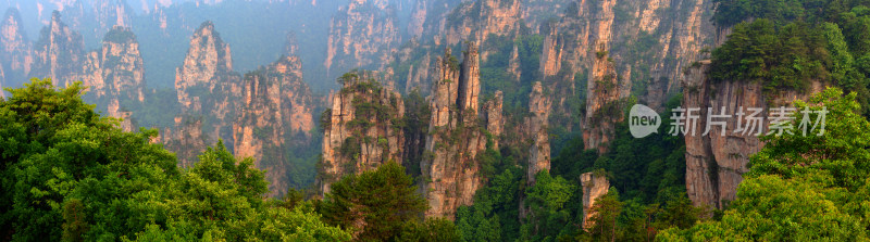 湖南张家界御笔峰清晨山峰全景【宽幅接片】