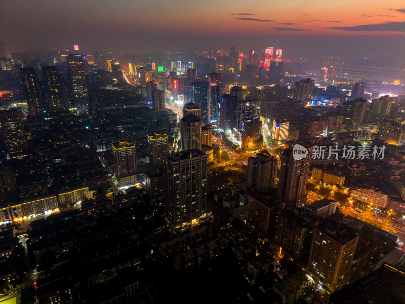 晚霞中的夜景湖南长沙航拍图