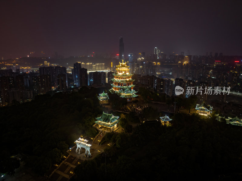 重庆网红寺庙鸿恩寺夜景古塔高空航拍