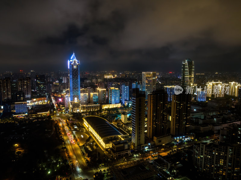 海南海口海滨新城城市车水马龙夜景灯光航拍