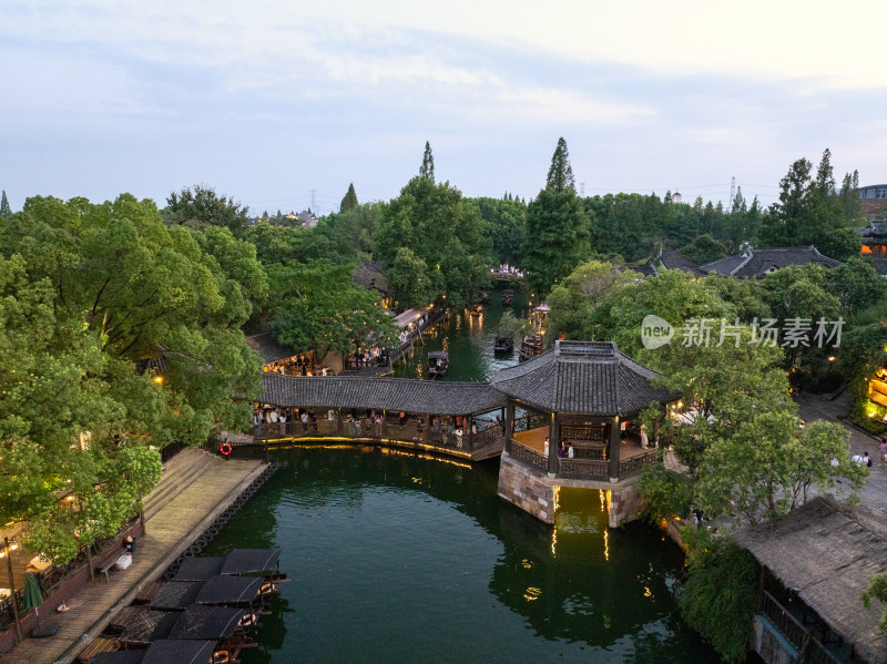浙江嘉兴桐乡乌镇西栅景区江南水乡航拍夜景
