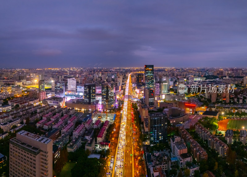 航拍上海杨浦五角场金融区夜景