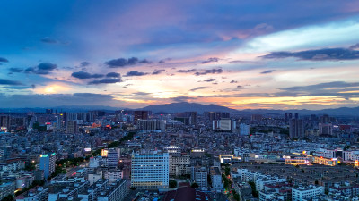 玉林城市晚霞城市大景航拍图