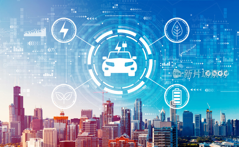 城市背景下的新能源汽车概念图