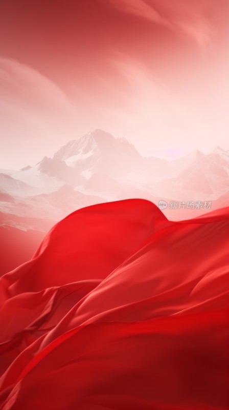 飘动的红绸和高山背景