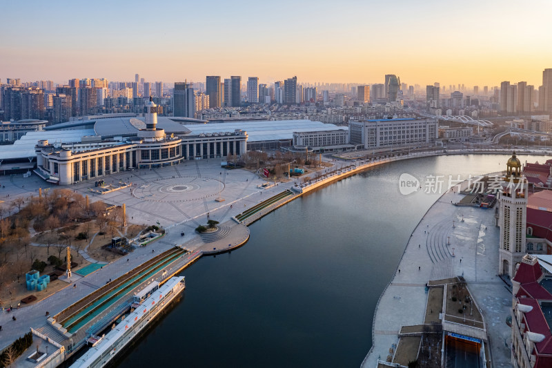 日出天津站海河津湾城市风景航拍