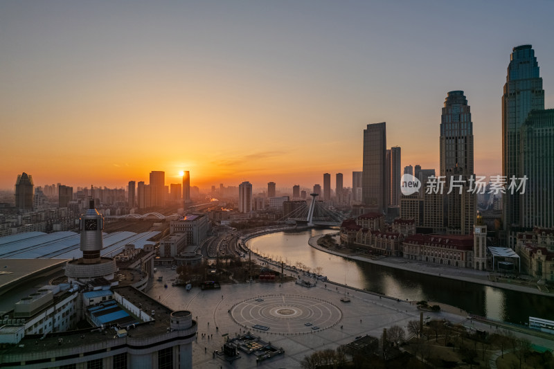 日出天津站海河津湾城市风景航拍