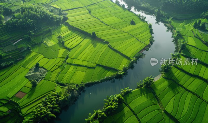 航拍绿色稻田梯田河流自然生态背景