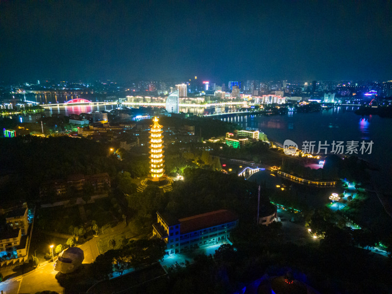 湖北鄂州莲花山元明塔夜景航拍图