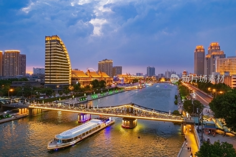 天津海河古文化街码头城市夜景风光航拍