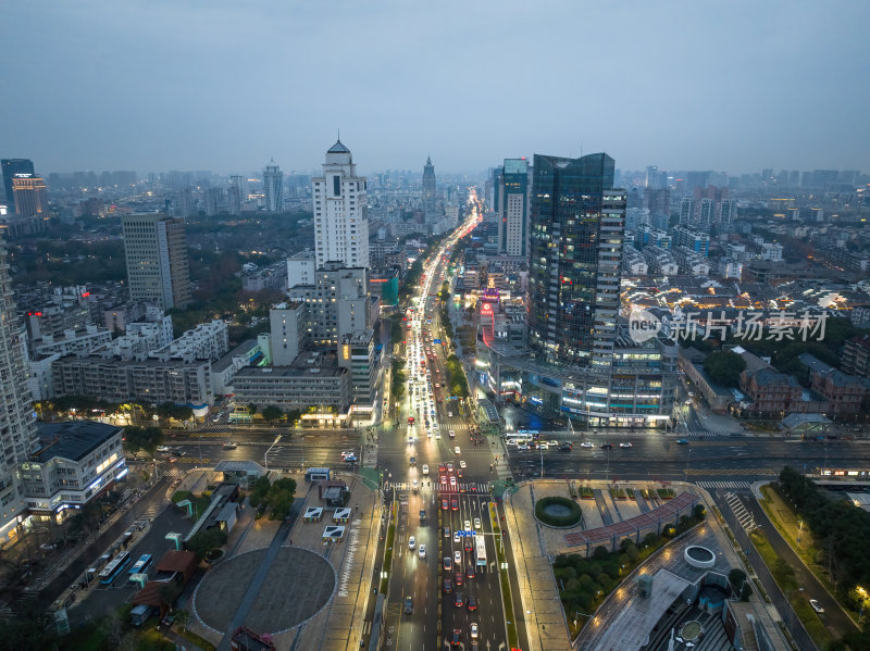 浙江宁波CBD城市光影日出夜景高空航拍