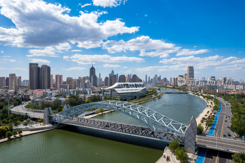 晴天天津海河国泰桥城市建筑风光航拍