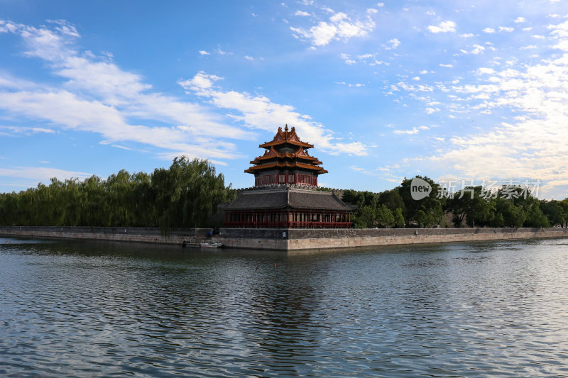 蓝天白云下的的故宫角楼夏日景观