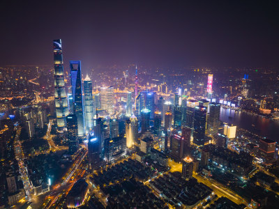 航拍上海浦东新区陆家嘴城市夜景