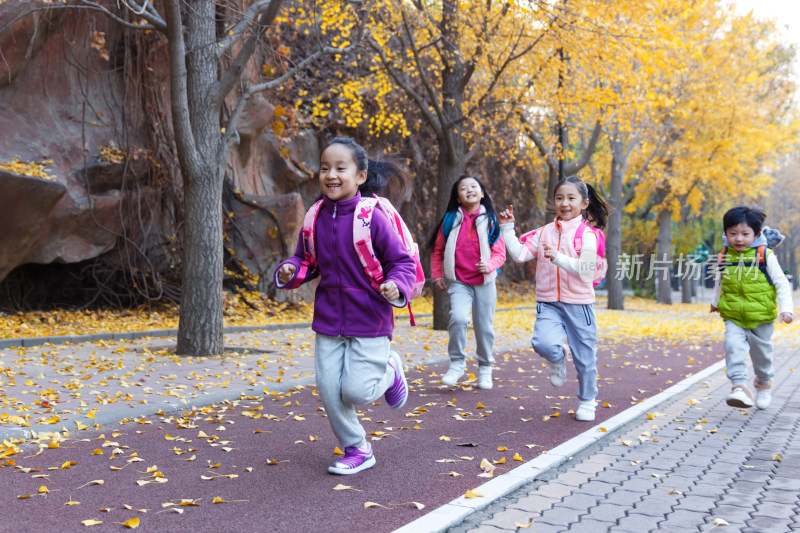 欢乐的小学生在户外奔跑