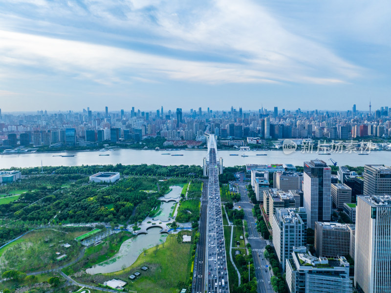 航拍上海现代都市陆家嘴城市天际线卢浦大桥