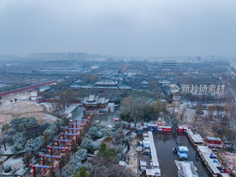 河南商丘火神台景区雪天航拍