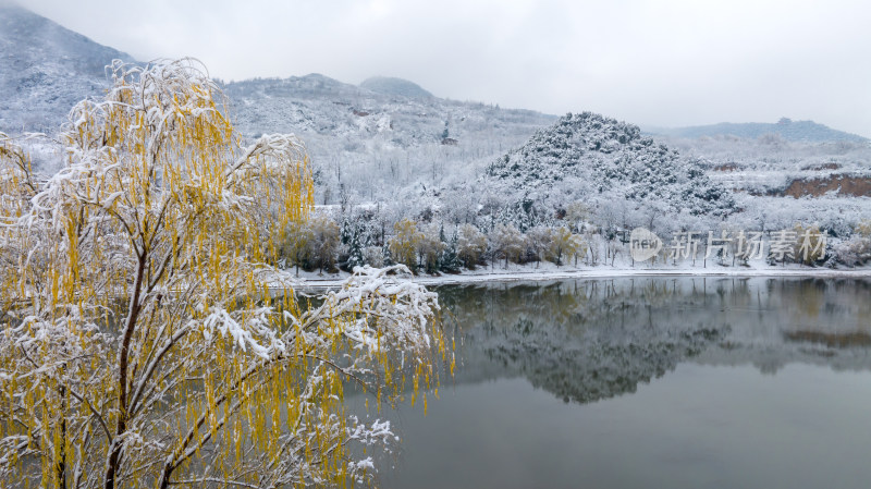 自然风景背景山水湖树冬天寒冷天气雪留白