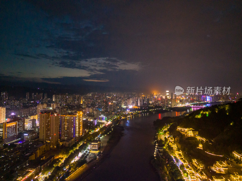 兰州夜景黄河两岸航拍图