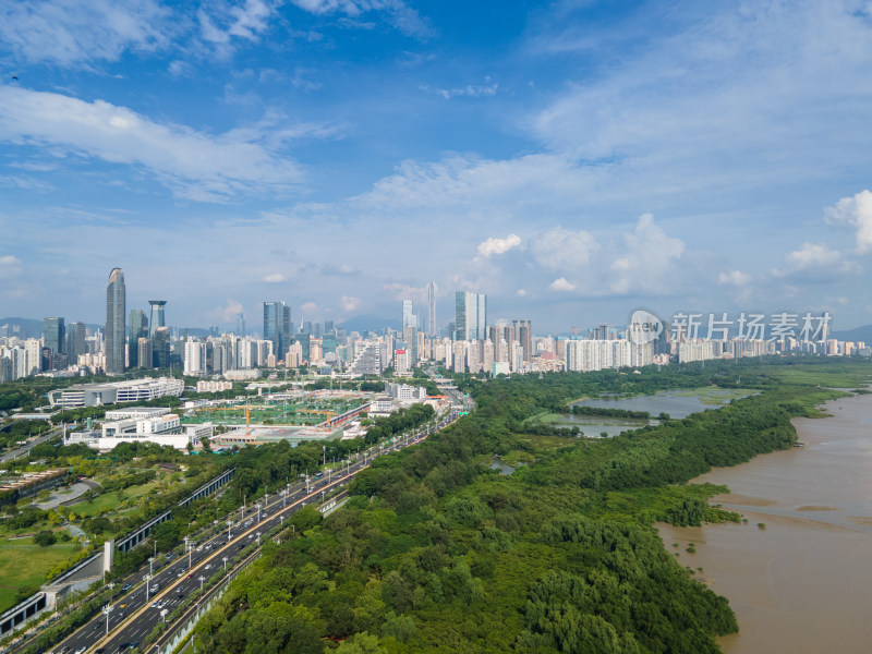 航拍广东深圳滨海大道红树林与城市风光