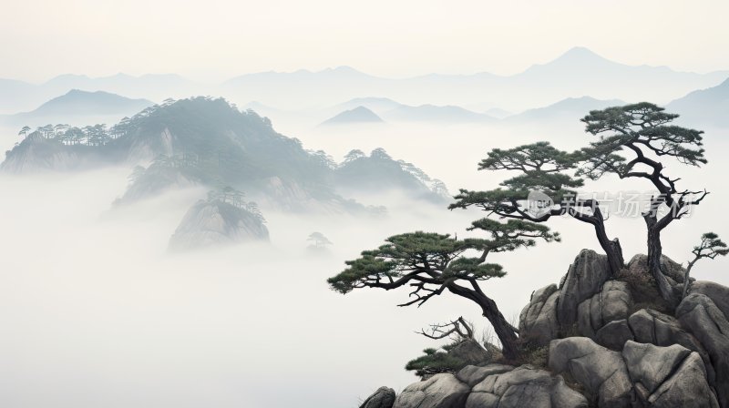 水墨风景画，安徽黄山风景区