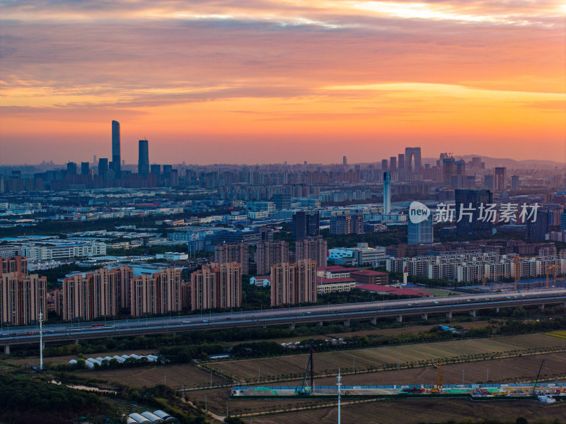 航拍苏州阳澄湖城市自然风光落日黄昏夕阳