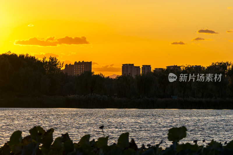 日落时分城市边的湖泊风光