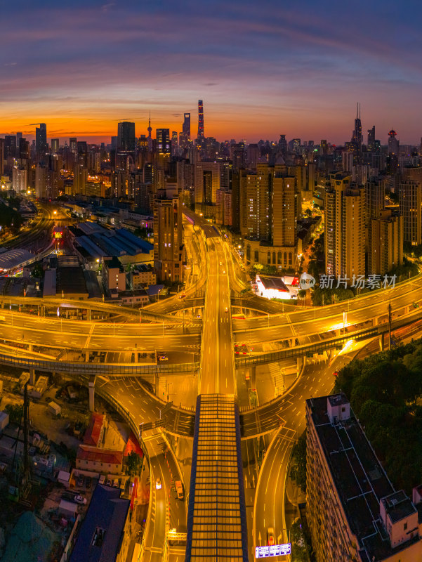 日出航拍上海外滩立交桥高架桥夜景