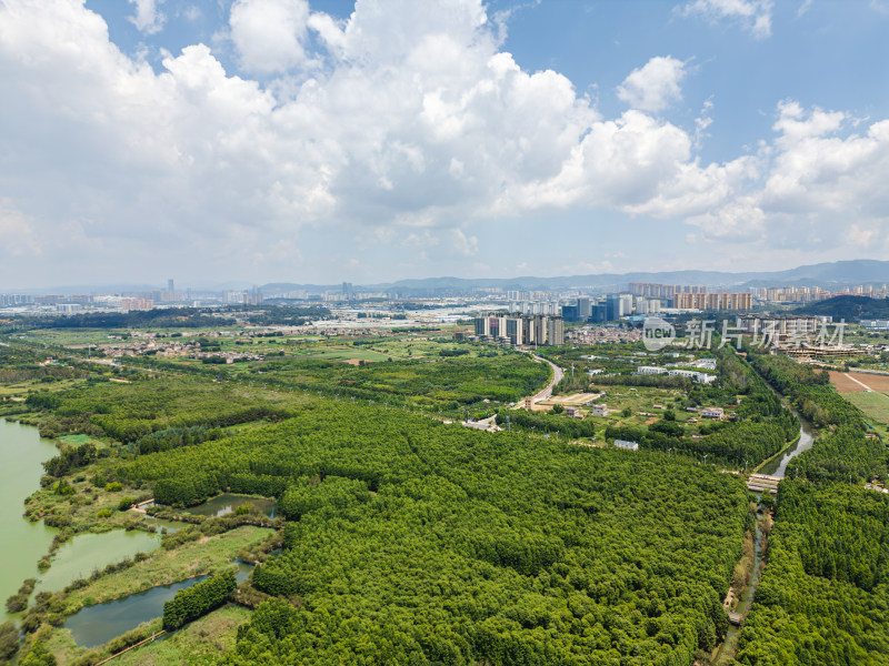 航拍滇池旁的昆明市城市风光