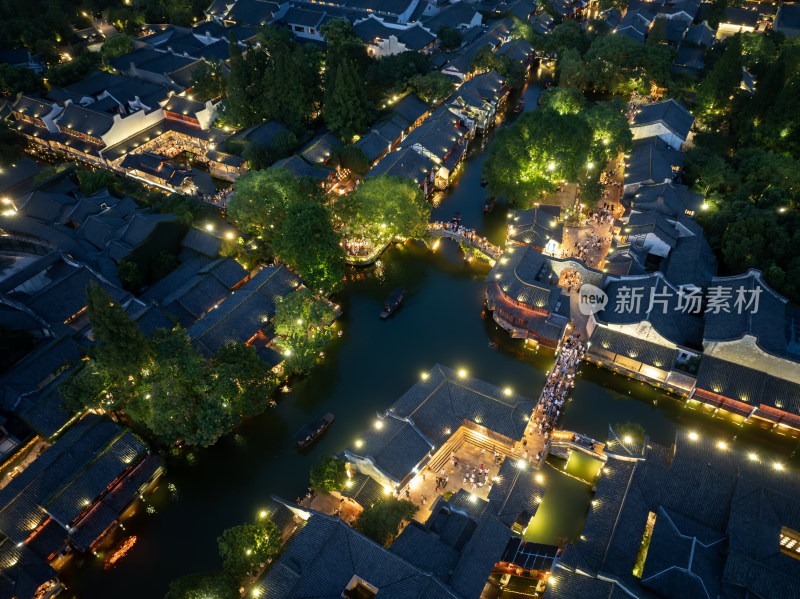 浙江嘉兴桐乡乌镇西栅景区江南水乡航拍夜景