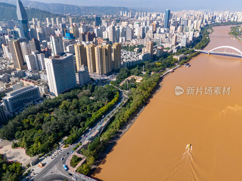 兰州黄河城市清晨航拍图