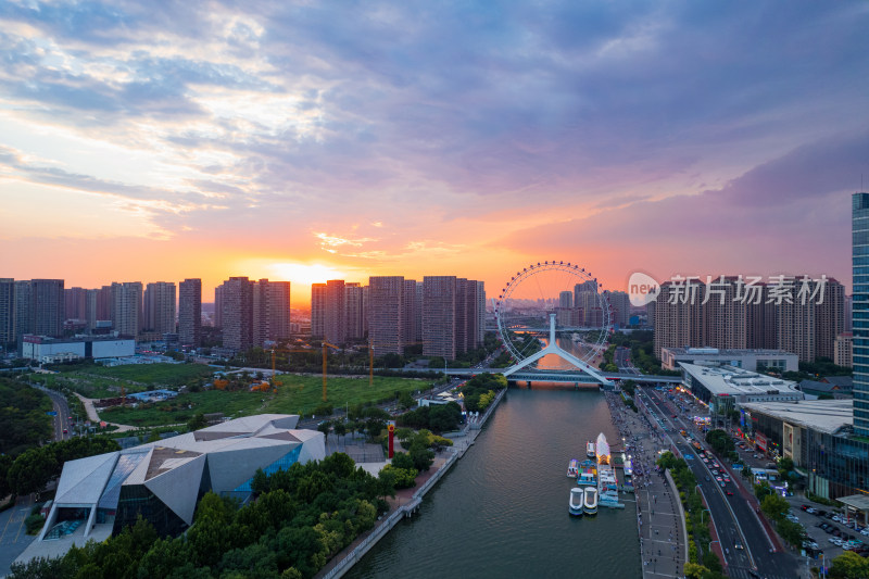 海河天津之眼旅游景区城市日落晚霞夜景航拍