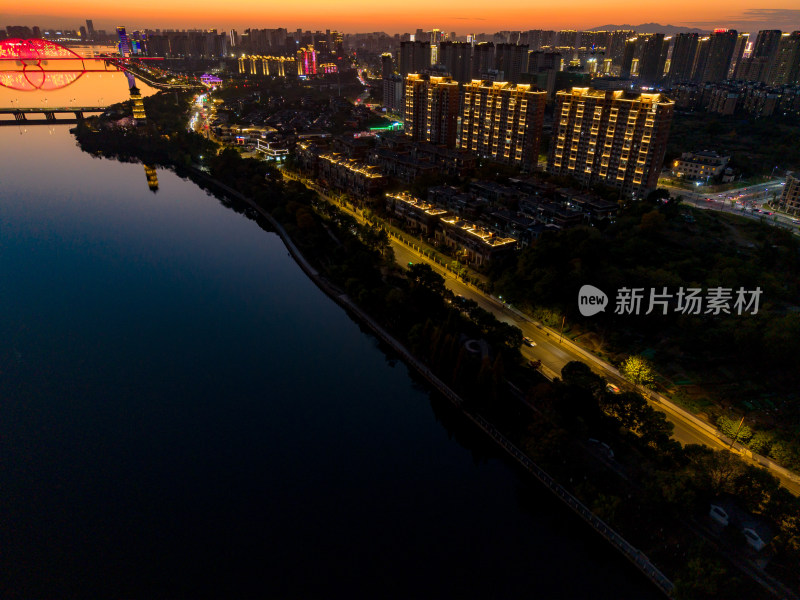 上饶晚霞夜景灯光航拍图