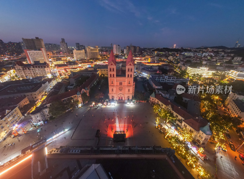 青岛大鲍岛历史文化街区城市夜景航拍全景