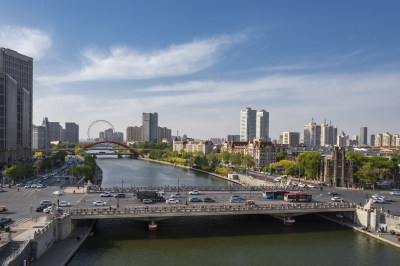 天津海河古文化街码头狮子林桥城市建筑风光