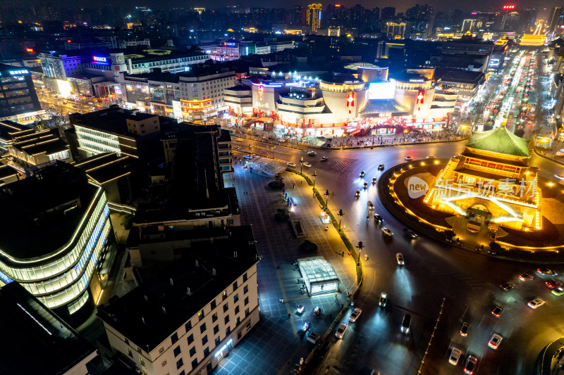 西安鼓楼夜景灯光航拍摄影图