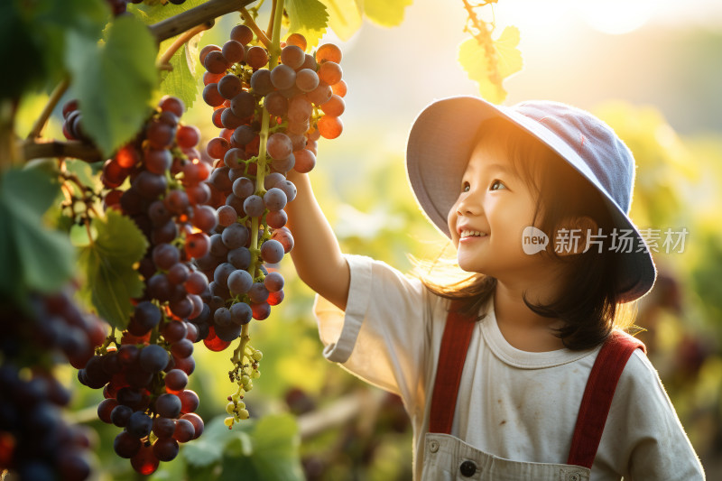 可爱的亚洲小女孩在夕阳中的葡萄园采摘水果